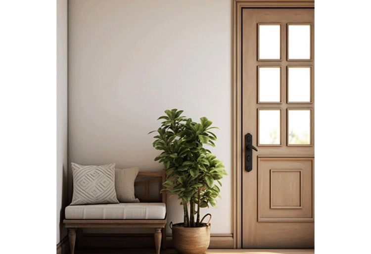 Modern UPVC door installed in a bright, tropical-style home with greenery outside. The door appears sleek, moisture-resistant, and perfect for hot and humid weather conditions.